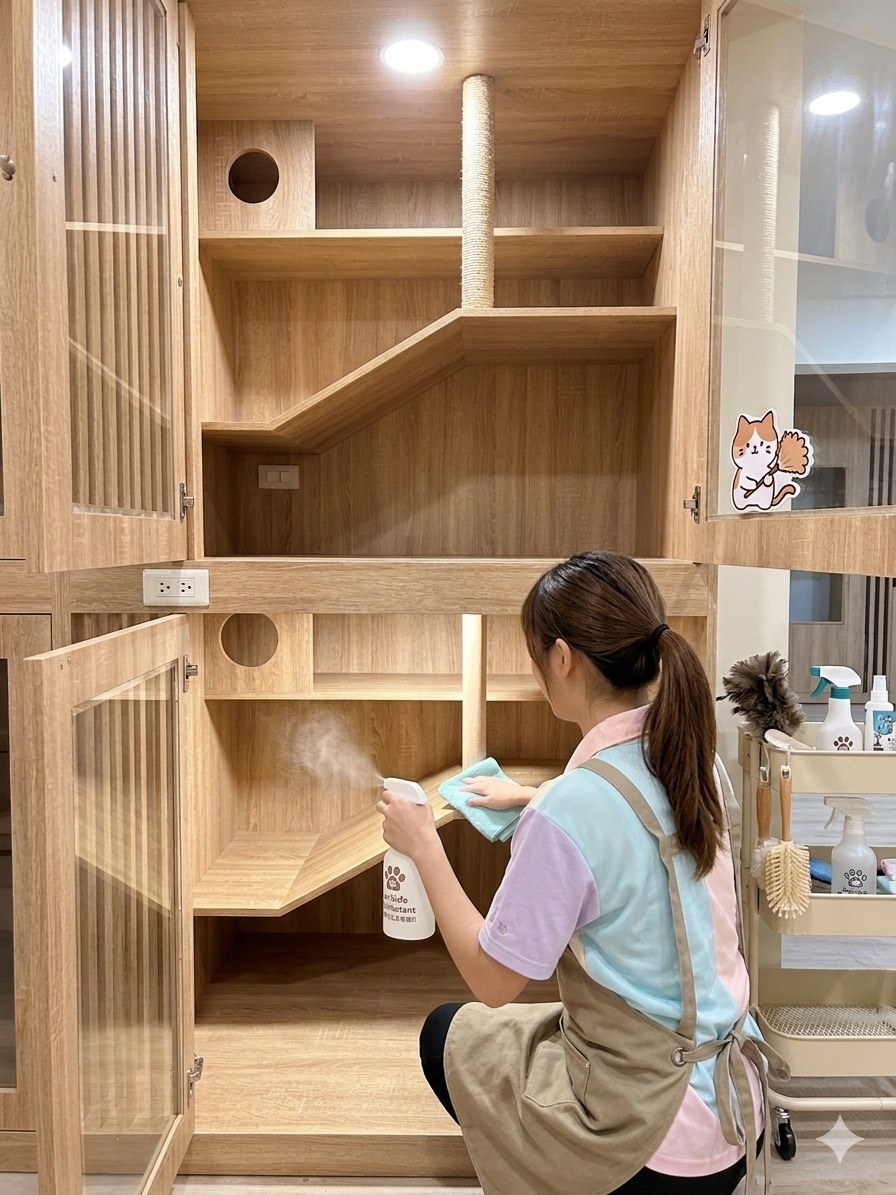 逗點貓旅照護員清潔貓房與消毒設備